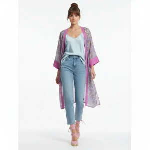 Kimono de seda de mujer estampada fucsia azul y verde