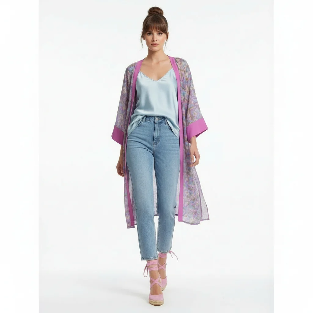 Kimono de seda de mujer estampada fucsia azul y verde - Imagen 3