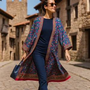 Kimono de seda largo azul marino y rojo con flores
