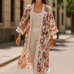Kimono de semiseda largo blanco con flores rosas