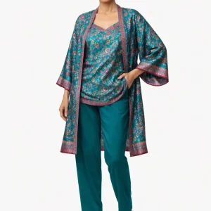 Kimono de semiseda verde estampado oriental
