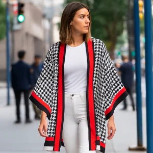 Kimono de semi seda pata de gallo blanco negro y rojo