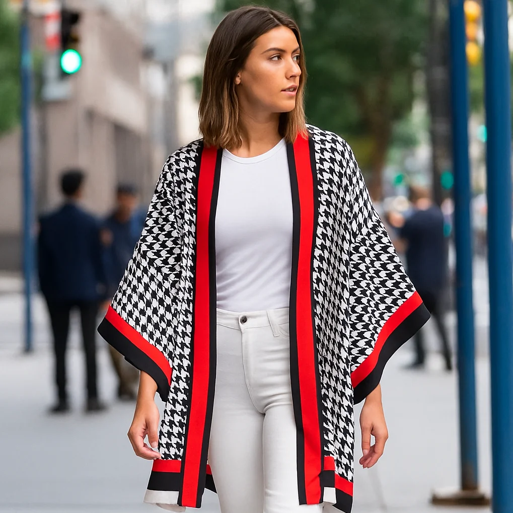 Kimono de semi seda pata de gallo blanco negro y rojo - Imagen 2