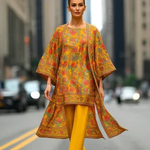 Kimono de semiseda mostaza con flores
