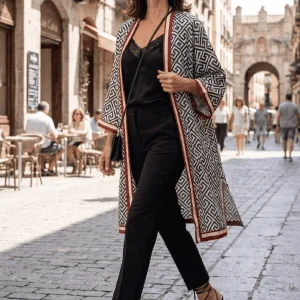 Kimono de semiseda blanco y negro geométrico