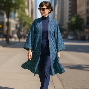 Kimono de semiseda azul marino y turquesa