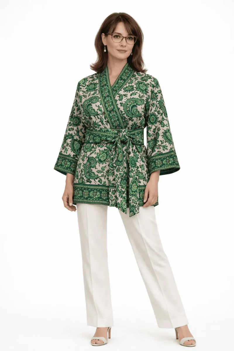 Kimono de semiseda brocada beige y verde con fajin - Imagen 5
