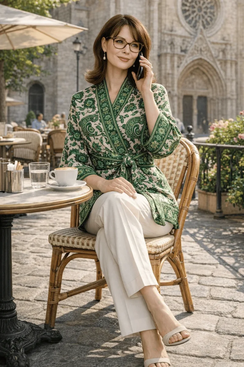 Kimono de semiseda brocada beige y verde con fajin - Imagen 3