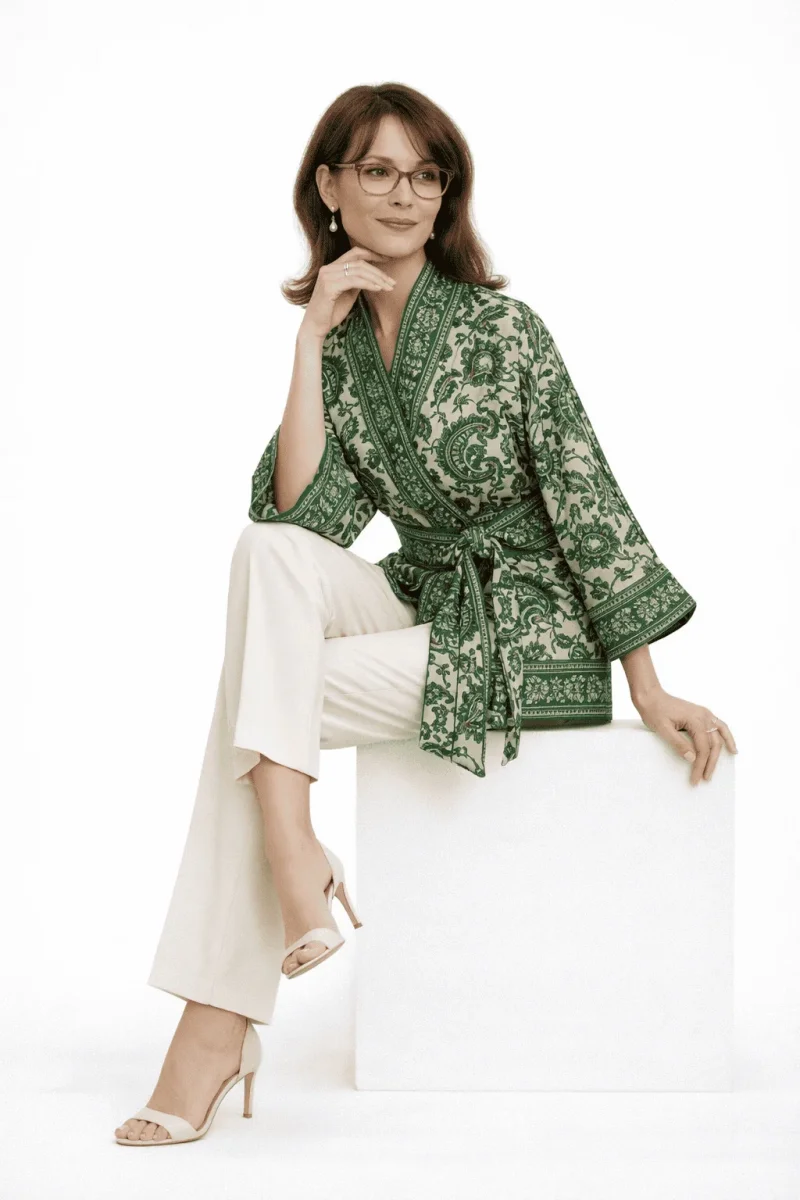 Kimono de semiseda brocada beige y verde con fajin - Imagen 2