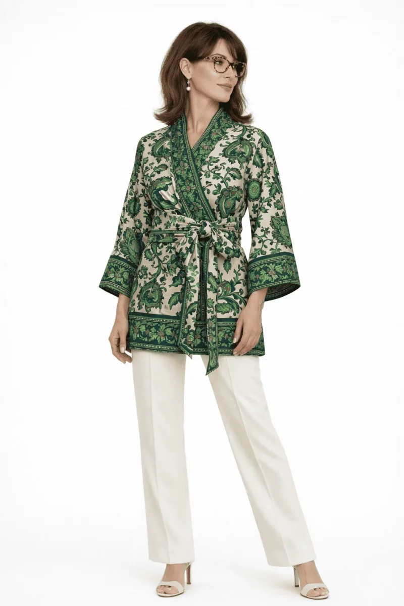 Kimono de semiseda brocada beige y verde con fajin - Imagen 4