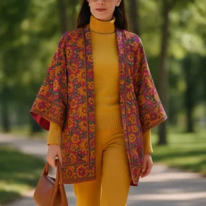 Kimono de semiseda berenjena y flores mostaza