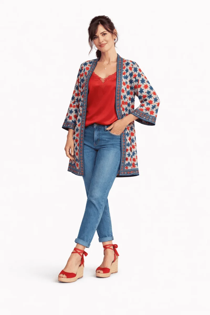 Kimono de semiseda corto blanco roto rojo y azul - Imagen 4
