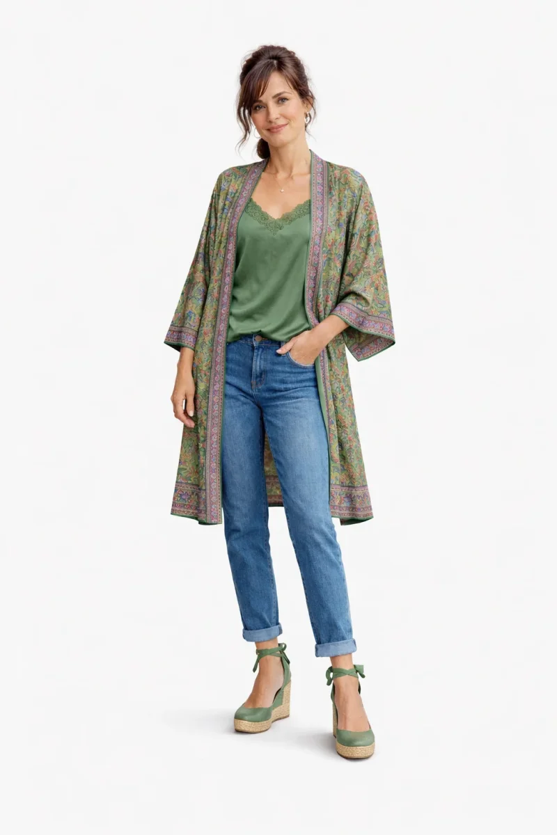 Kimono de semiseda de mujer estampado verde con cenefas - Imagen 2