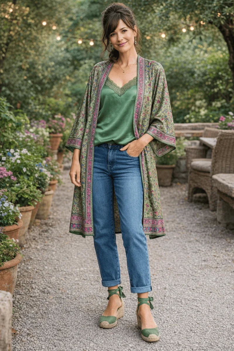 Kimono de semiseda de mujer estampado verde con cenefas - Imagen 3