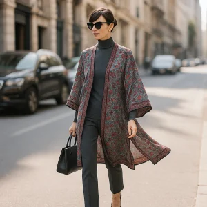 Kimono de semiseda gris con flores granate