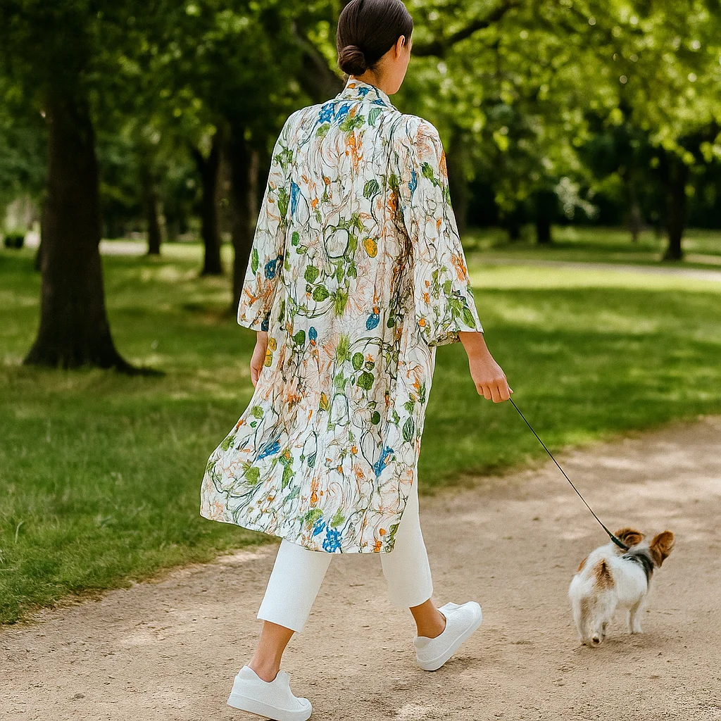 kimono largo de semiseda blanco y verde de Flores - Imagen 2