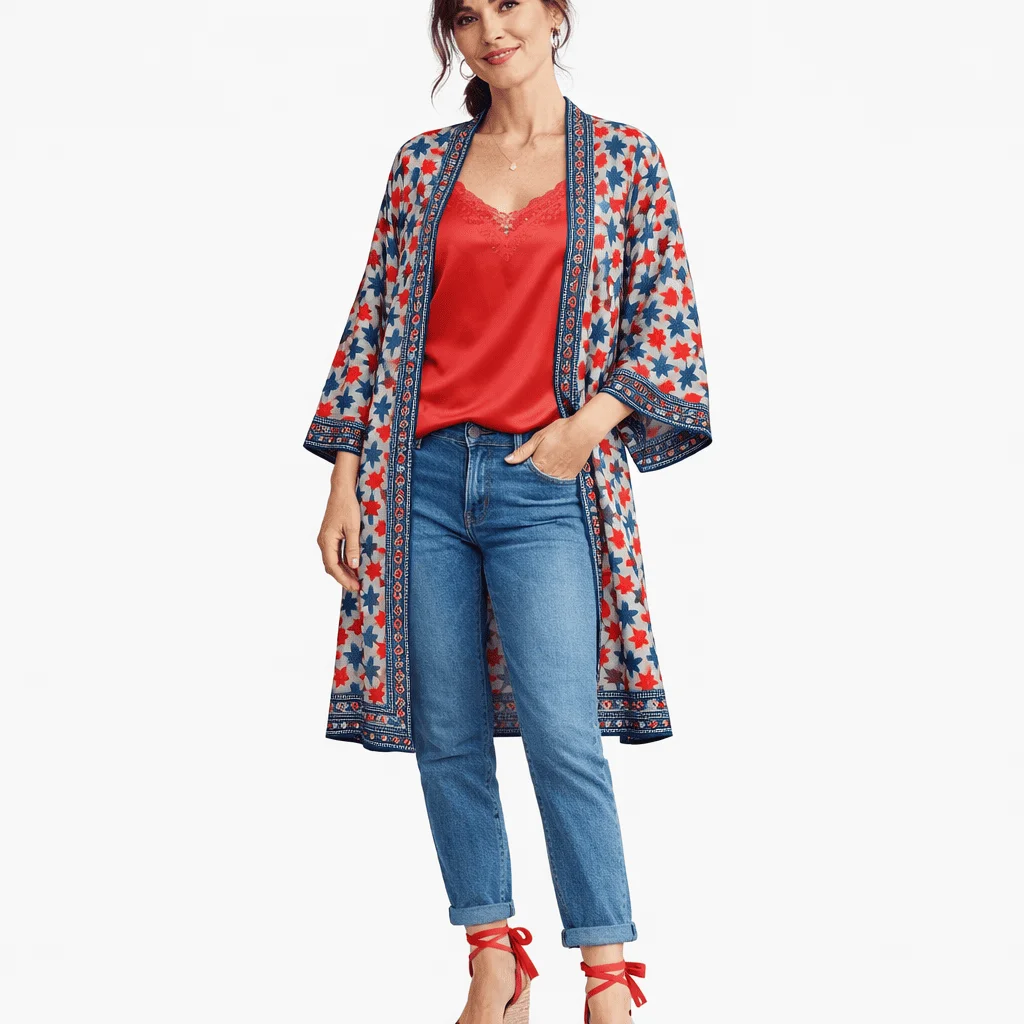 Kimono de semiseda corto blanco roto rojo y azul - Imagen 3