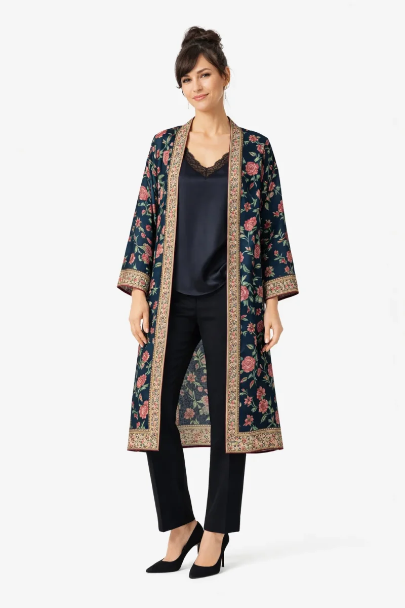 Kimono de semiseda negro con flores y cenefas - Imagen 4
