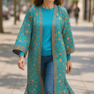Kimono de semiseda largo turquesa con flores