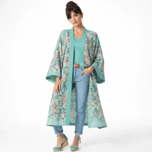 Kimono de semiseda largo verde mar con flores