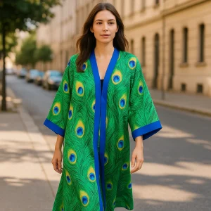 Kimono de semiseda largo verde y azul