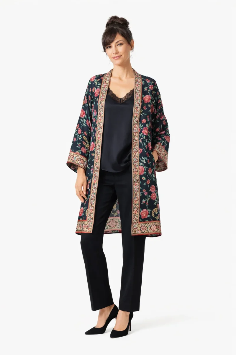 Kimono con fajín negro de flores con cenefas - Imagen 4