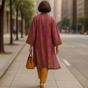 Kimono de semiseda paisley fucsia y mostaza