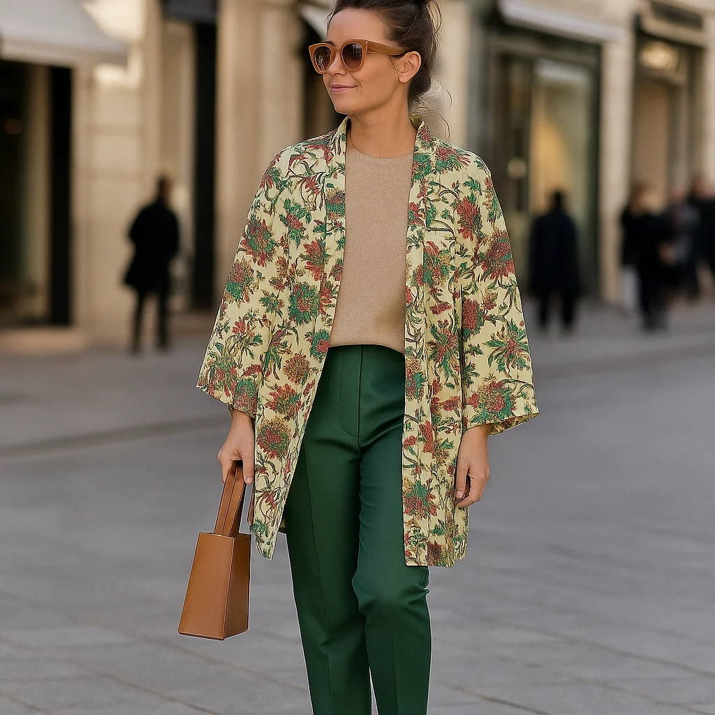 Kimono de semiseda verde con flores - Imagen 2