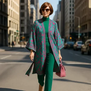 Kimono de semiseda verde con flores fucsia