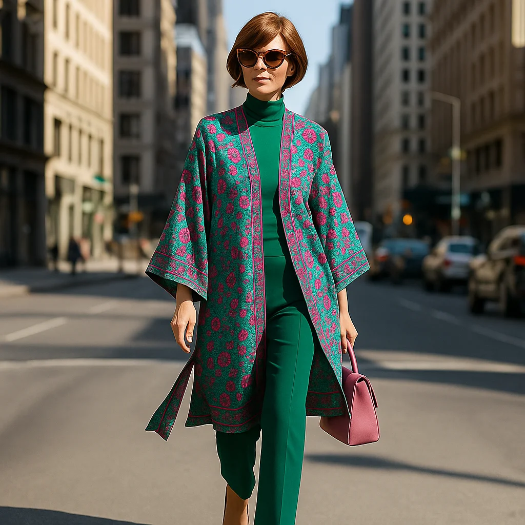Kimono de semiseda verde con flores fucsia - Imagen 3
