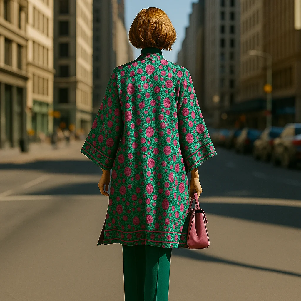 Kimono de semiseda verde con flores fucsia - Imagen 4