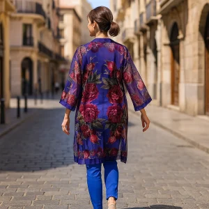 Kimono de terciopelo devore Azul klein Flores