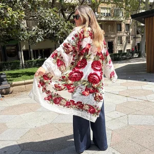 Kimono de terciopelo devore Blanco roto Flores