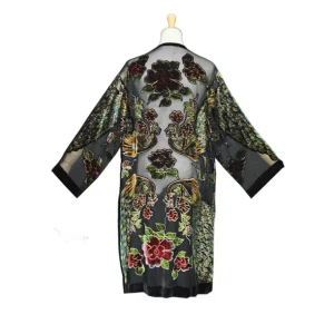 Kimono de terciopelo devore Negro Pavo real