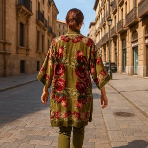 Kimono de terciopelo devore Verde Flores