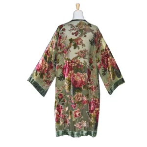 Kimono de terciopelo devore Verde Rosas