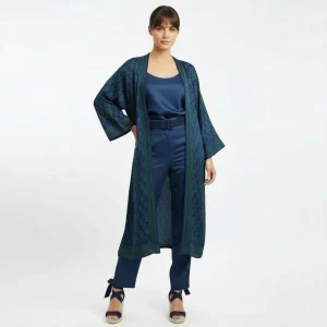 Kimono largo de semiseda azul y verde
