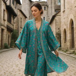 Kimono de seda turquesa