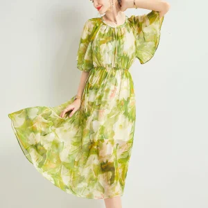 Vestido midi de gasa de seda para mujer Vestido floral con mangas onduladas