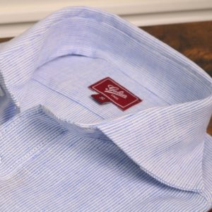 Camisa algodón-lino raya fina celeste