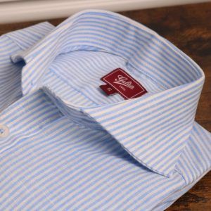 Camisa algodón-lino barras celeste
