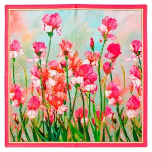 Pañuelo de seda de cuello de 52×52 cm estampado con amapòlas color coral