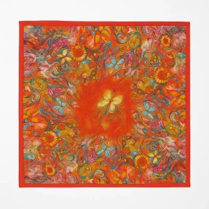 Pañuelo de seda 52×52 cm rojo con flores y mariposas