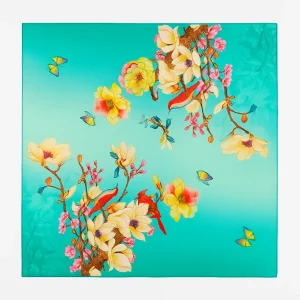 Pañuelo de seda 52×52 cm turquesa con flores