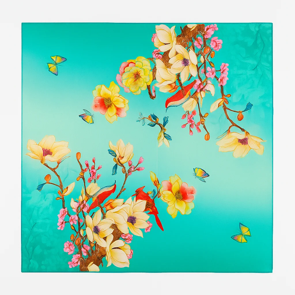Pañuelo de seda 52×52 cm turquesa con flores - Imagen 3