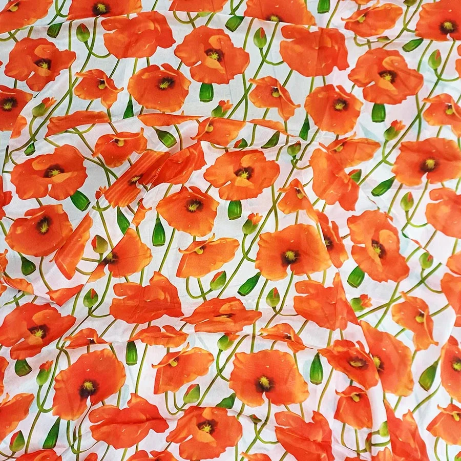 Pañuelo de seda fular blanco con amapolas - Imagen 3