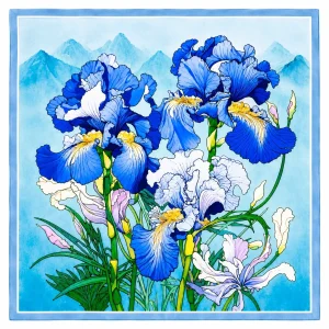 Pañuelo de seda natural azul con lirios morados y azules de 52×52 cm