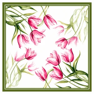 Pañuelo de seda natural estampado beige con tulipanes fucsia de 52×52 cm
