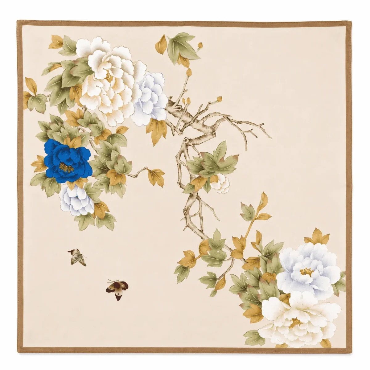 Pañuelo de seda natural estampado beige con flores azul y blanco de 52×52 cm - Imagen 3