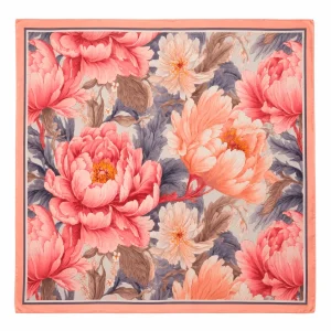 Pañuelo de seda natural estampado con flores con tonos azul, salmón y fresa de 52×52 cm
